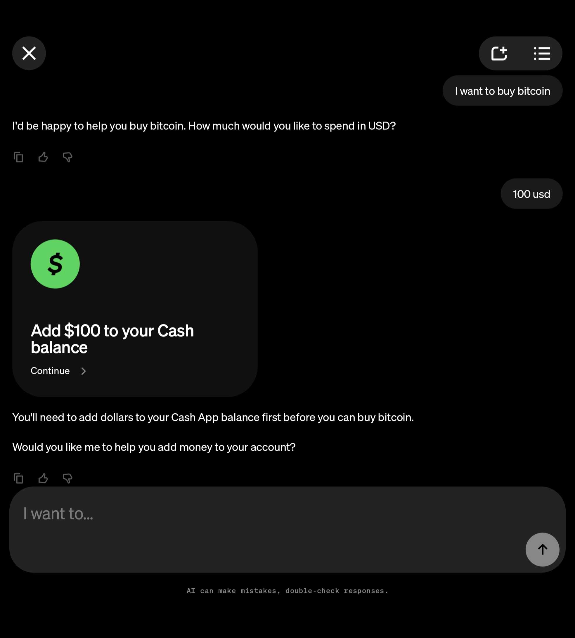 Cash App AI buying bitcoin conversation